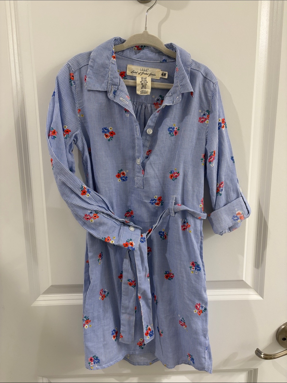 H&M Light Blue Striped Floral Tie-Waist Girls' Casual Dress